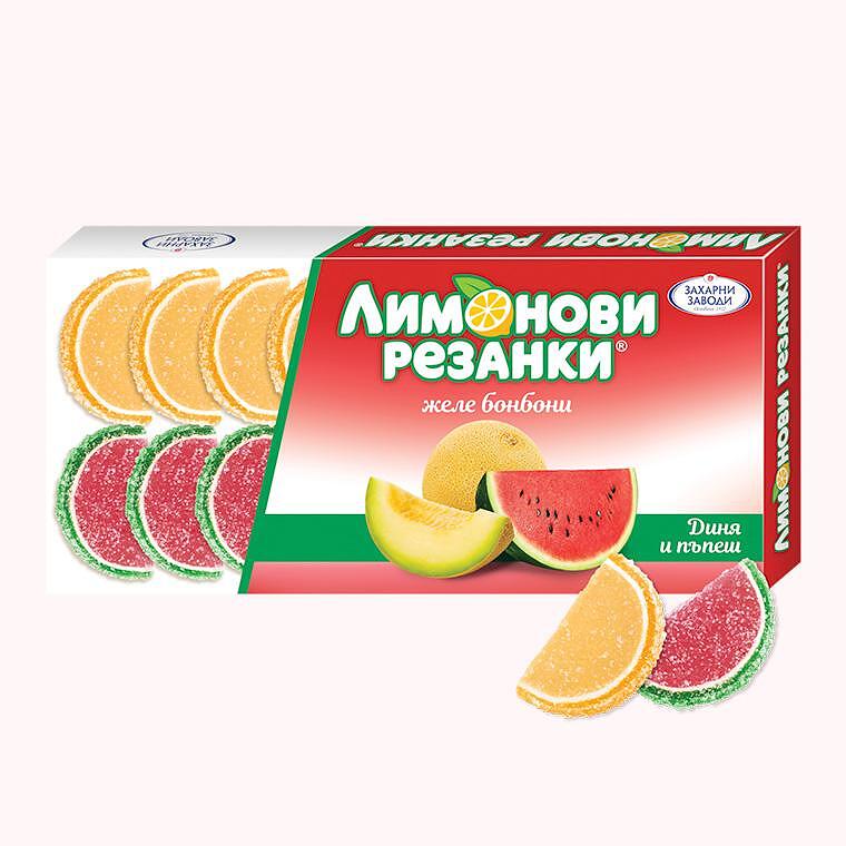 ЖЕЛИРАНИ БОНБОНИ ЛИМОНОВИ РЕЗЕНКИ ДИНЯ ПЪПЕШ 180 ГР.*16 - ЦЕНА ЗА БР.
